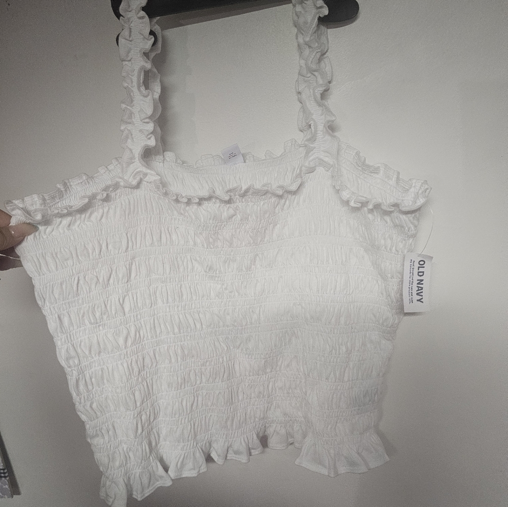 Old Navy Fitted Ruffle Smocked Top White Cotton Size XL